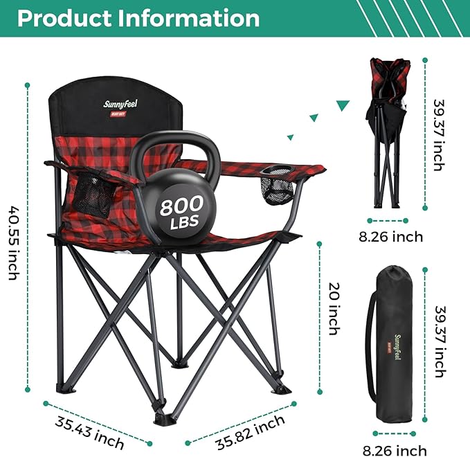 SUNNYFEEL Oversized Folding Camping Chair 2 Pack 800 LBS Heavy Duty for Big Tall People Red Padded Portable Collapsible Chairs with Armrest Cup Holder & Pocket for Outdoor Travel Picnic Camp Sports