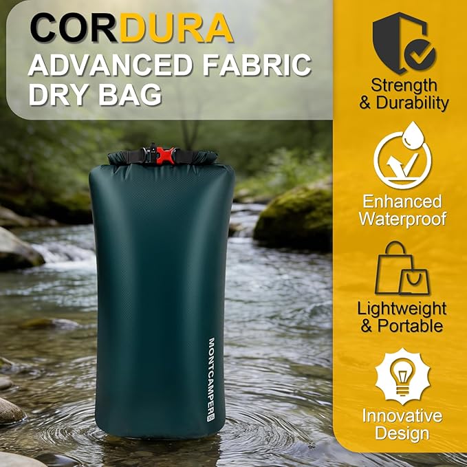 CORDURA Waterproof Dry Bag 35L – Heavy Duty IPX6 Roll Top Sack with Survival Whistle for Kayaking, Camping, Boating, Beach – Lightweight Dry Backpack (Dark Green)