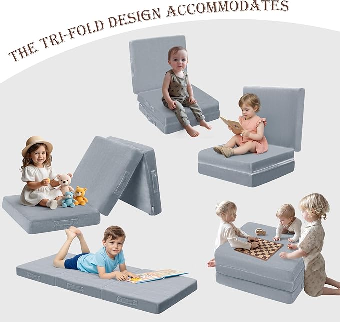 MeMoreCool Foldable Floor Cushion Kids Trifold Play Mat, Kids Folding Seat Pad Portable Lounger, 63x26 Inch Grey