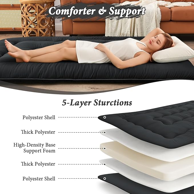 DAICO Japanese Floor Mattress, 4'' Thicken Futon Mattress Tatami Mat, Sleeping Pad Foldable Roll Up Mat for Camping and Guest Room, Queen Size 60''*80'', Black