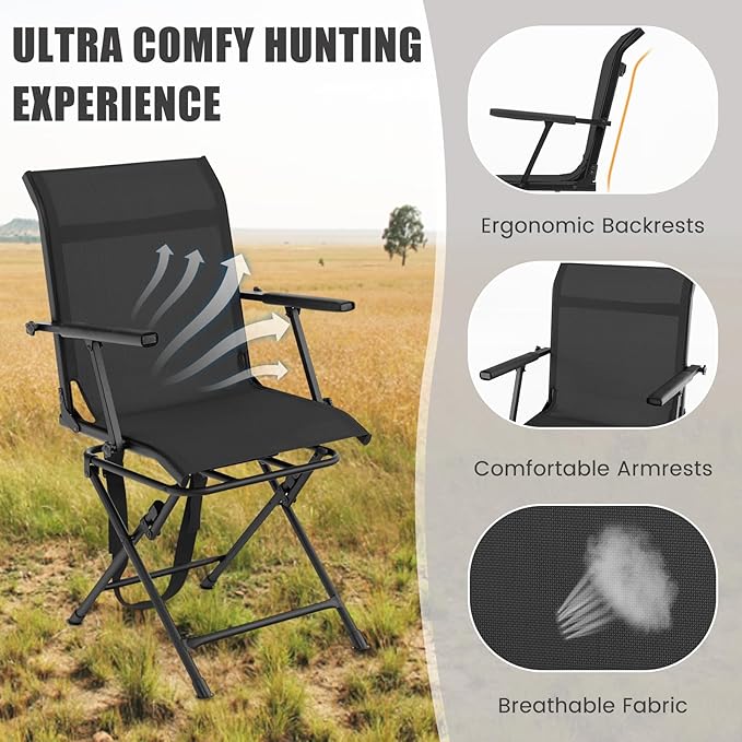 LDAILY Moccha Hunting Chair, 360° Swivel Blind Chair w/Armrest & Mesh Back, Non-Slipping Pads, Sturdy Metal Frame, 330LBS Capacity, Portable and Silent Folding Hunting Chairs for Blinds (Black)
