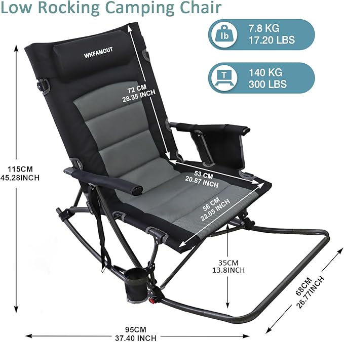 Oversized Folding Low Rocking Camping Chair with Footrest Removable Pillow Portable Outdoor Rocker Padded High Back Ergonomic Armrests for Patio Garden Lawn