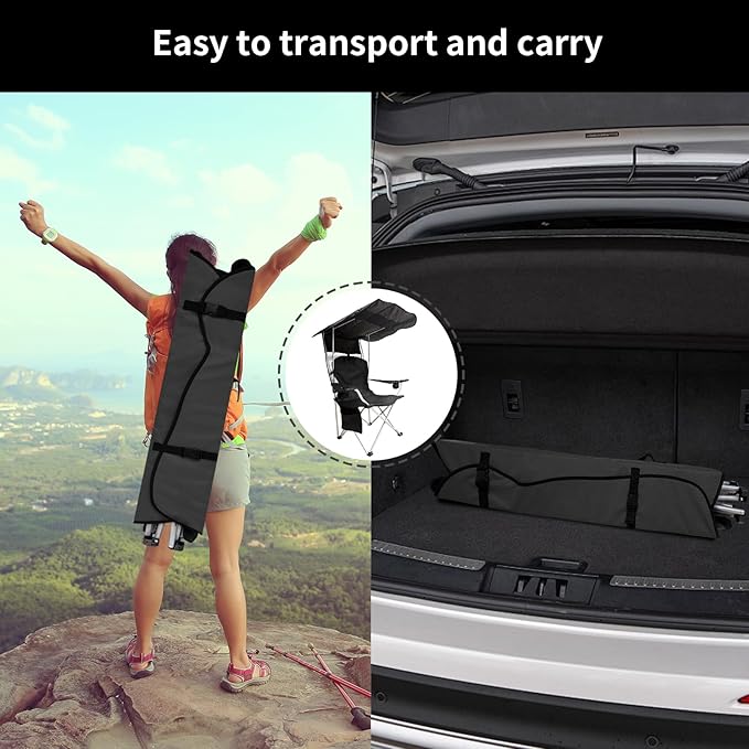 Portable Camping Chair with Canopy Shade- Folding Camping Lounge Chair with Cup Holder & Side Pocket for Outdoor Camping, Fishing, Beach - Support 330 LBS (Black)