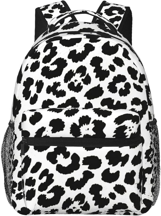 Men Women Polyester Leopard Cheetah Black White Daypack Big Capacity Shoulder Bag With Smooth Zippers for Hiking Work Walking Cycling