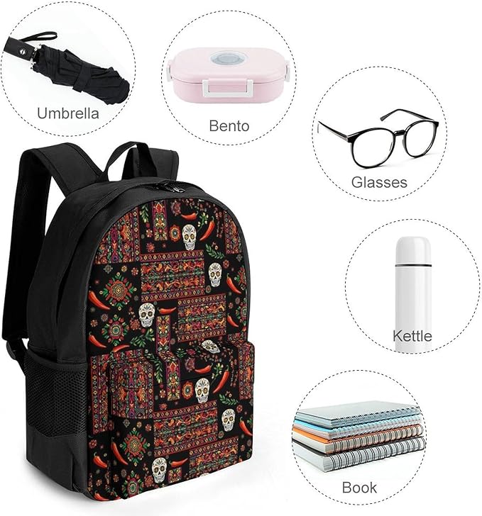 Daypack Backpack Polyester Anti-Theft Multipurpose Mexican Style Sugar Skull Traditional Paisley Bookbag Big Capacity Travel Hiking Camping Rucksack With Smooth Zippers