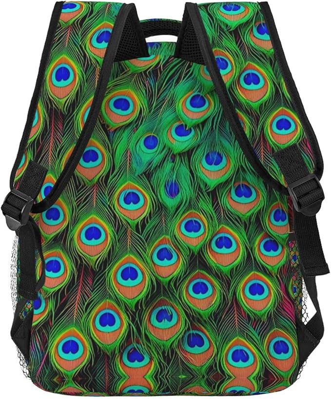 Daypack Backpack Anti-Theft Multipurpose Big Capacity Bookbag, Colorful Peacock Feather Art Business Computer Bag With Side Pockets