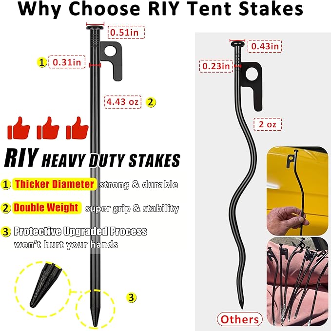 8 Pack Tent Stakes Heavy Duty 12 inch Steel Tent Pegs for Camping Unbreakable and Inflexible