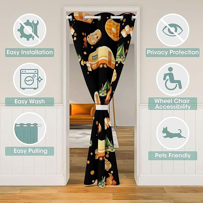 Cartoon Camper Kids Door Curtain,Tent Bonfire Campfire Rustic Farmhouse Blackout Curtain,Picnic RV Nature Camping Bedroom Doorway Living Room Decor,Black Privacy Door Drape 1 Panel,42" W X 80" L