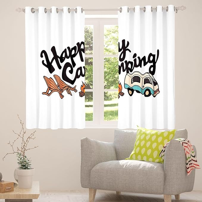 Erosebridal Cartoon Rv Camper Window Curtains 42" Wx90 L Happy Camping Blackout Curtains for Bedroom Living Room,Camping Adventure Window Treatments Outdoor Traveling Decor Drapes Decor 2 Panels
