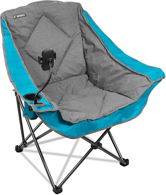 CAMPHILL Folding Camping Chair,Oversized Portable Camping Chair with Cup Holder and Phone Holder,Heavy Duty Padded Lawn Chair for Camping,Tailgates,Beach,and Sports,Lake Blue