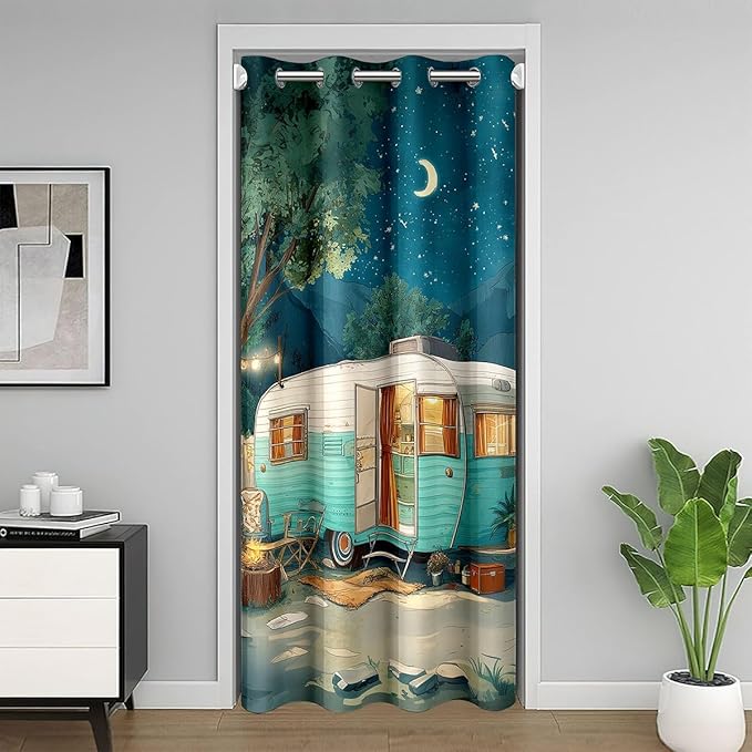 Happy Camping Doorway Curtains Privacy Vintage RV Camper Cabin Room Decor Blackout Curtain Rustic Watercolor Mountain Tree Closet Door Curtain Retro Camping Aesthetic Room Divider Drape 42"W x 80"L