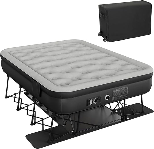 DWVO Inflatable Queen Air Bed with Folding Frame & Rolling Bag, Built-in Pump Blow Up Mattress for Camping, Guest Room & Travel, Portable Air Mattress with Case, 79 x 59 x 28 Inches, Black