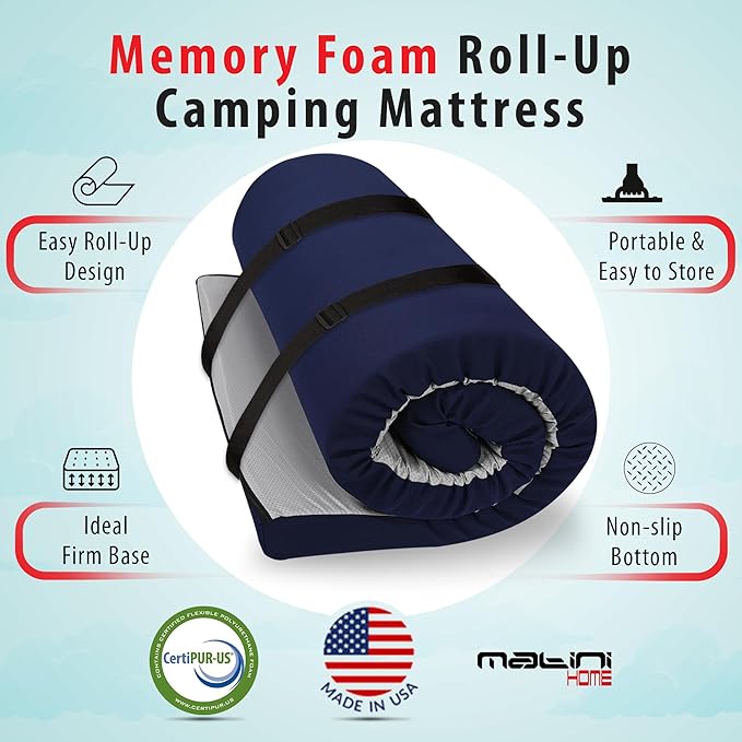 Memory Foam Roll-Up Camping Mattress with Water Resistant Zipper Cover, Foldable and Portable for Camping, RV Bunk, Tent, Guest Bed, Outdoor and Dorm