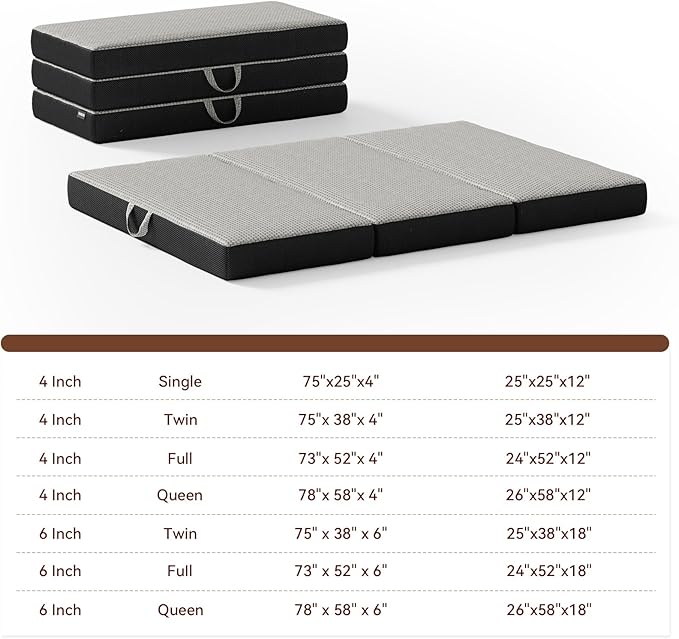 Memory Foam Trifold Mattress - King Portable Floor Bed 6 Inch, Foldable Mat with Washable Cover, Handle & Non-Slip Bottom, for RV, Travel, Camping, Yoga, 80"x76"x6"