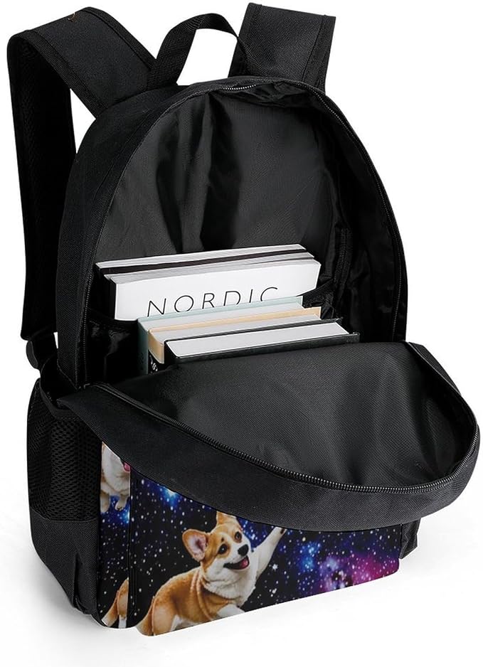 Polyester Daypack Bookbag for Gym Business Bicycle, Large Capacity Multipurpose Anti-Theft Carry On Bag, Galaxy Space Cute Corgi Running Travel Hiking Daypack