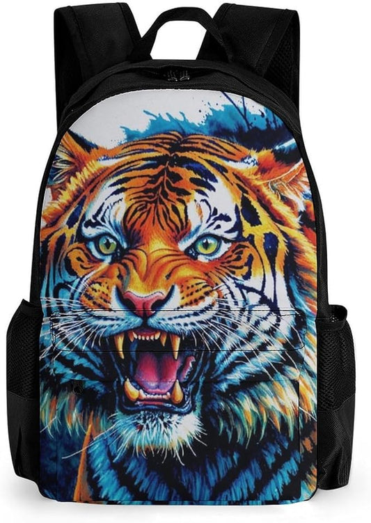 Supdreamc Men Women Polyester Blue Fierce Wild Tiger Animal King Art Casual Daypack Large Capacity Carry On Bag With Adjustable Shoulder Straps for Camping Work Running