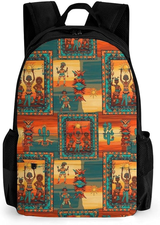 Men Women Polyester Southwest Native American Happy Dance Backpack Large Capacity Bookbag With Smooth Zippers for Climbing Picnic Bicycle