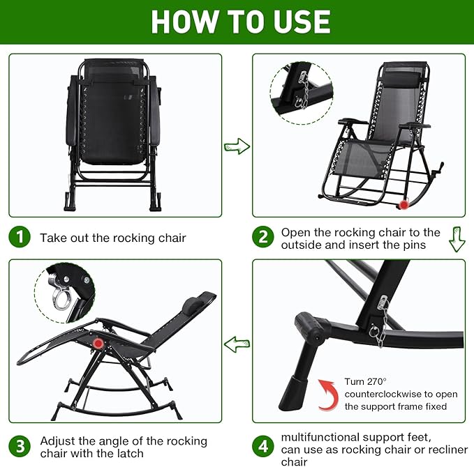 Outdoor Rocking Chairs, Foldable Reclining Zero Gravity Lounge Rocker with Pillow, Cup & Phone Holder, Combo Design with Folding Legs