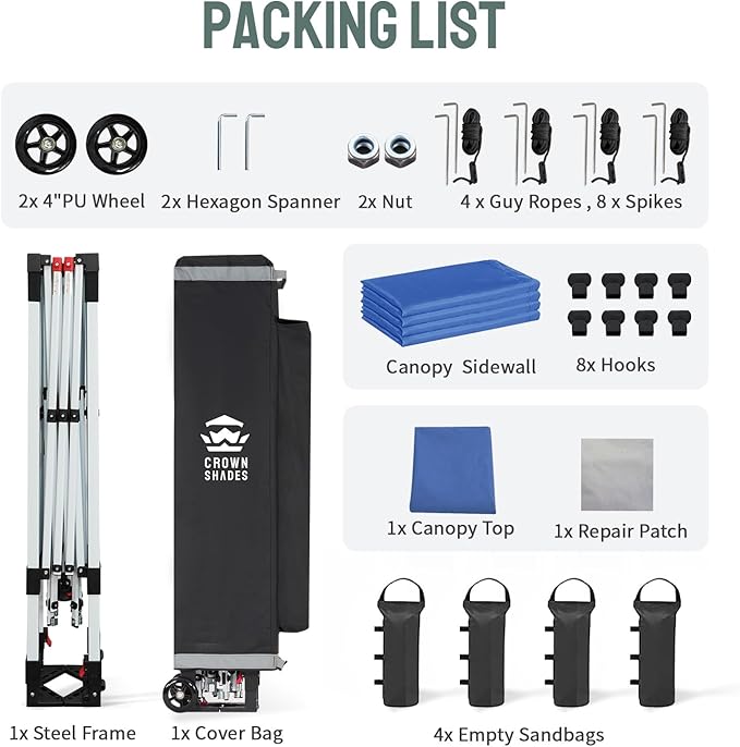 CROWN SHADES 10x10 Pop Up Canopy Tent Instant Commercial 1-Person Setup Patended Centerlock with 400D Fabric, 4 Sidewalls, 4" Wheels, 4 Upgraded Weights, Sto'N Go Bag, Blue