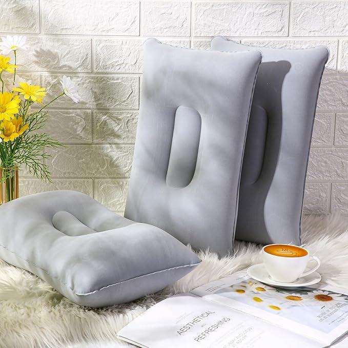 Geelin 20 Pack Inflatable Pillows for Camping Travel Beach Vacation Sand Squared Flocked Soft Fabric Backpacking Ultralight Pillows for Office Gray Sleeping Neck Head Lumbar Support