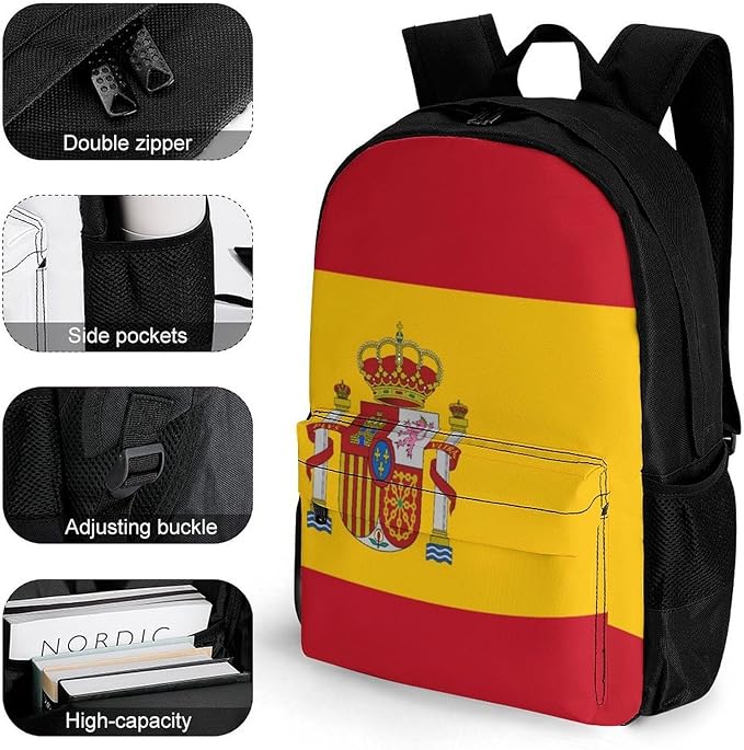 Shoulder Book Bags Anti-Theft Multipurpose Big Capacity Bookbag, Spain Flag Travel Hiking Backpack With Smooth Zippers