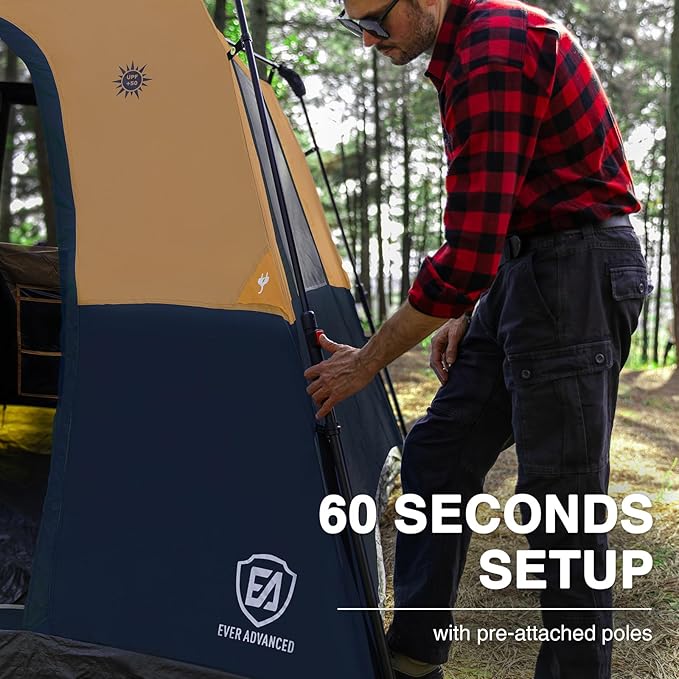 EVER ADVANCED 6 Person Camping Tent, Blackout Design Tent for Camping Instant Cabin Tents for Family with Rainfly, 60s Easy Setup, Water-Resistant