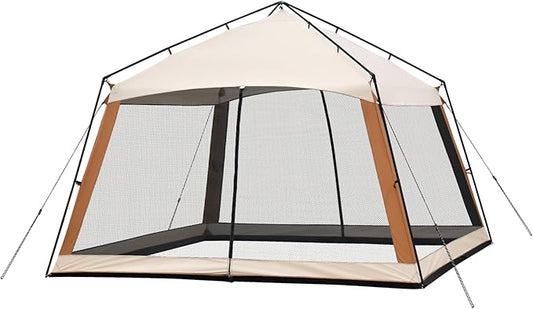 12 x 12 FT Camping Screen Tent for 8-10 Person, Easy Setup Screen House with UV 50+ Sun Protection & Mosquito Net for Camping, Backyard, Picnic, Patio Outdoor Beige & Brown