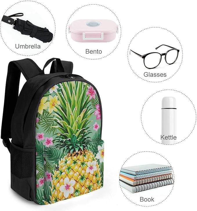 Supdreamc Daypack Bookbag Multipurpose Anti-Theft Big Capacity Carry On Bag, Hawaiian Pineapple Flowers Floral Travel Hiking Camping Rucksack With Padded Straps