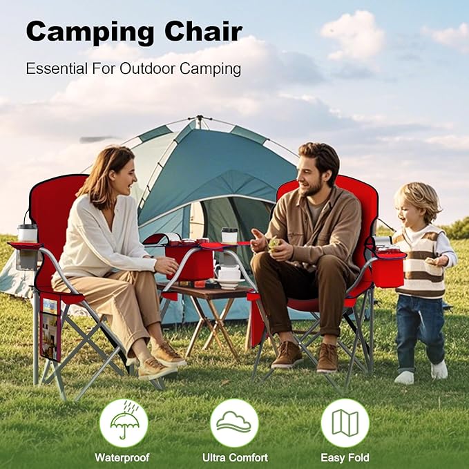 Folding Camping Chairs Durable 600D Oxford, Portable Outdoor Chair with Cooler Pouch, Cup Holder & Storage Pocket for Camping, Beach, Fishing