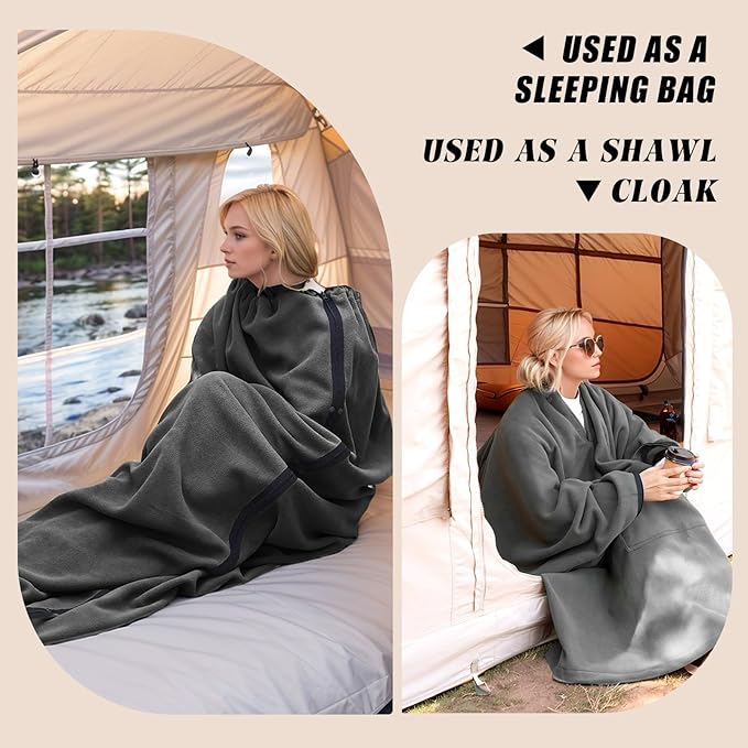 Fleece Camping Blanket, Large Poncho Wearable Blankets, Soft, Warm & Cozy, Lightweight, Portable, 74.5 in * 63 in, for Outdoors, Stadium, Concerts, Travel, Sports, Hiking, Beach, Sofa, Festival