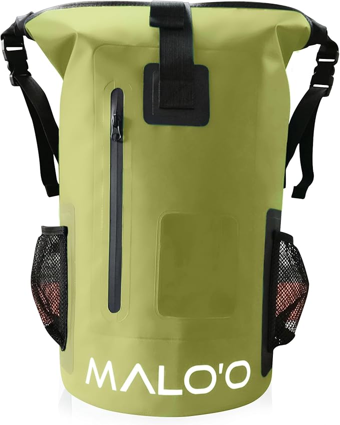Malo’o DryPack 30L Waterproof Backpack, Roll-Top Dry Bag Backpack with Padded Straps, Floating Design for Beach, Kayaking, Fishing, Boating, Travel, and Water Sports, Dark Green