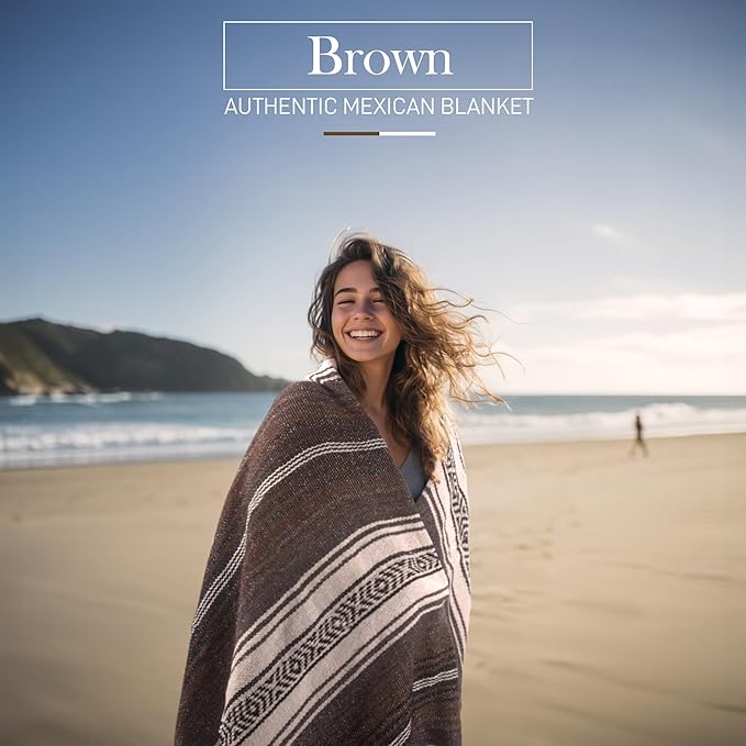 Authentic Extra Large Mexican Blanket - 70"x50" Handwoven Yoga, Serape, Artisanal Falsa, Beach, Camping, Picnic, Outdoor Blanket (Brown)