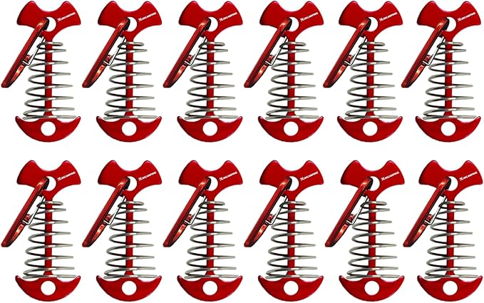Deck Anchors XINCAMPING 12pcs Aluminum Tent Pegs for Wooden Decks, Windproof Rope Tighteners & Adjusters for Tents, Canopies, Camping Furniture Red