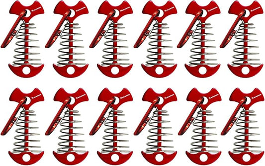 Deck Anchors XINCAMPING 12pcs Aluminum Tent Pegs for Wooden Decks, Windproof Rope Tighteners & Adjusters for Tents, Canopies, Camping Furniture Red