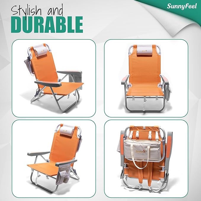 SUNNYFEEL Low Beach Chair 5 Position Lay Flat, Portable Folding Backpack Beach Chairs Heavy Duty with Cooler Bag, Cup Holder for Outdoor/Lawn/Trip/Picnic/Fishing, Foldable Camping Chair