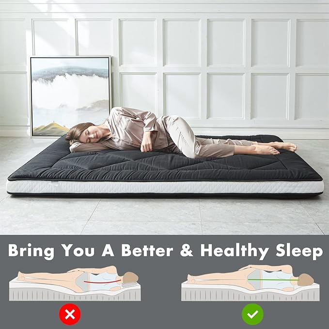 Japanese Foldable & Portable Roll up Camping Mattress, Futon Mattress, Black Twin