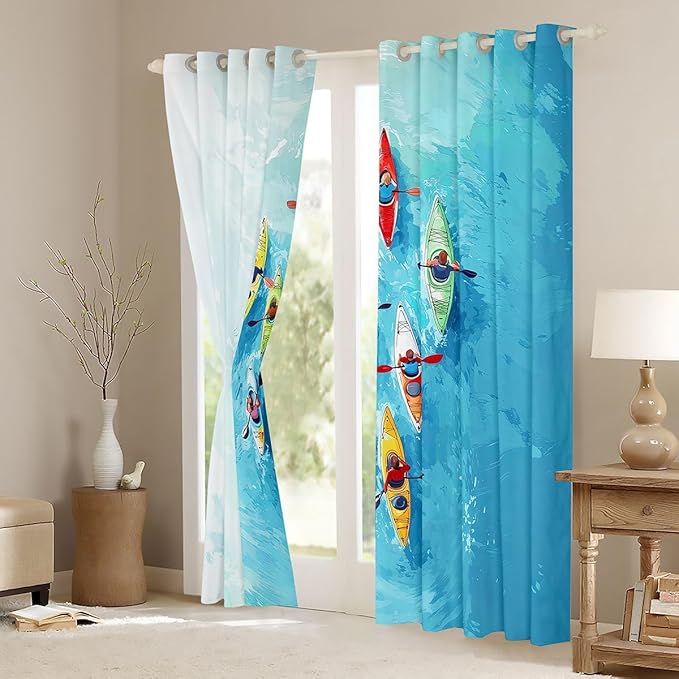 Manfei Go Boating Kids Blackout Curtains,Rowing Boat Lake Adventure Window Drapes,Row Paddle Summer Sport Games Nursery Bedroom Playroom Decor,Chic Blue 2 Panels,38Wx54L inch