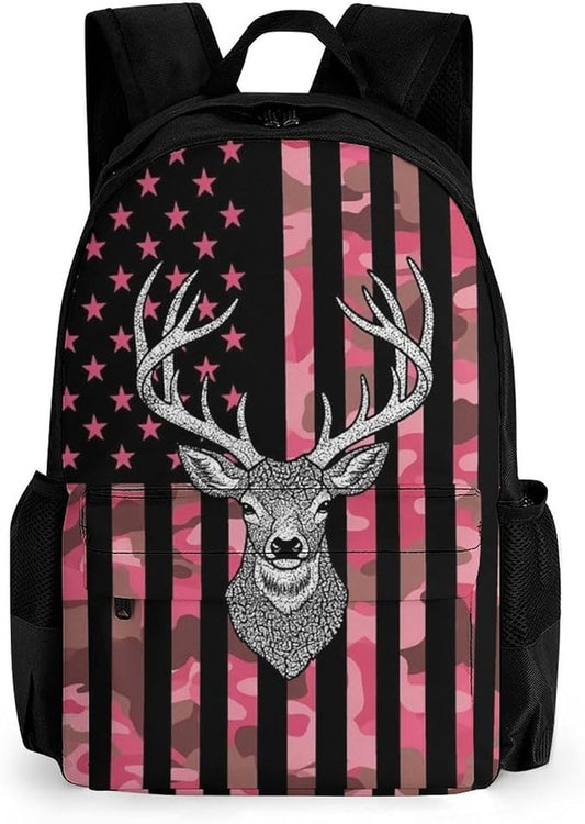 Lightweight Daypack Bookbag for Trekking Business Walking Cycling, Big Capacity Anti-Theft Multipurpose Carry On Bag, Pink Camouflage American Flag Hunting Camo Deer Business Computer Bag