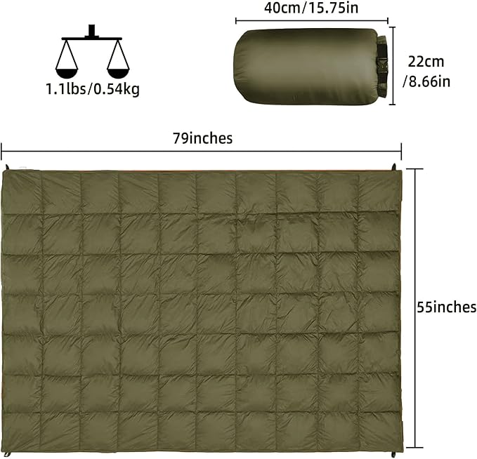 Outdoor Puffy Camping Blanket, Lightweight Down Alternative Puffy Printed Camping Large Ultra Warm Hammock Top Quilt Waterproof Blanket for Traveling Picnic Beach Party Cold Weather (Olive)