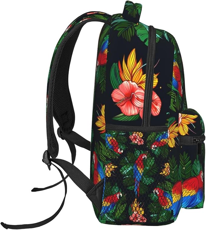 Men Women Polyester Macaw And Hibiscus Art Daypack Big Capacity Shoulder Bag With Adjustable Shoulder Straps for Camping Travel Walking Cycling