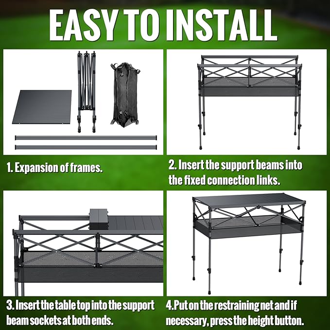 GARLLEN Folding Table for Camping, 2 Adjustable Height Portable Roll-up Picnic Table with Storage Net, Lightweight Aluminum Outdoor Table with Carrying Bag for Camping, BBQ, Beach, 39"L x 20"W