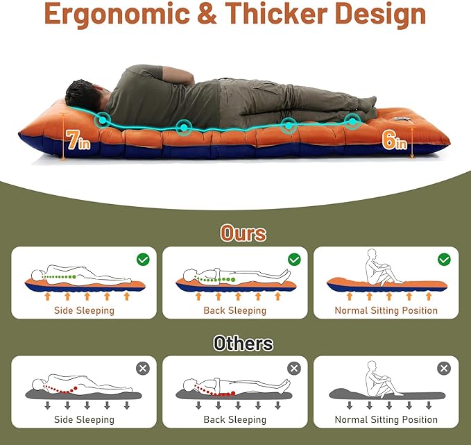 KASBAH Camping Sleeping Pad,Extra Wide 6 inch Thick Inflatable Sleeping Pads with Built-in Foot Pump and Pillow,Ultralight Camping Mat Gear for Outdoor Hiking,Camping