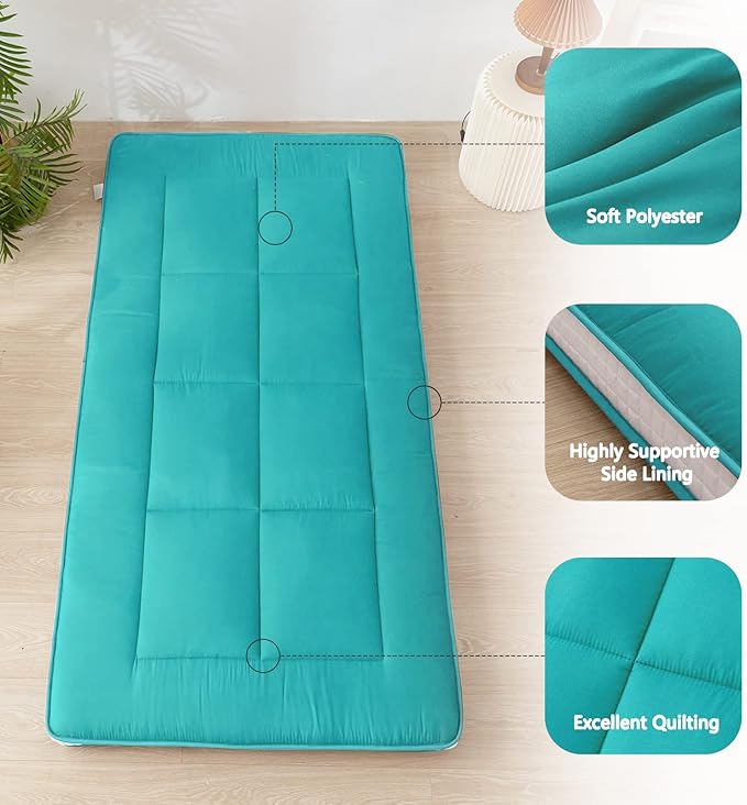 MAXYOYO Twin Bed Mattress Japanese Floor Futon Mattress, Twin Tatami Pad Camping Floor Bed Topper, Easy to Foldable and Portable, Turquoise Futon Single Mat