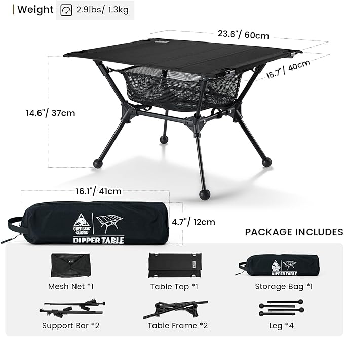 ONETIGRIS Dipper Camping Table, Lightweight Portable Folding Table with Mesh Storage Net, High/Low Options, Ideal for Camping, Hiking, Tailgating, Beach, Picnic, Travel, Backyard