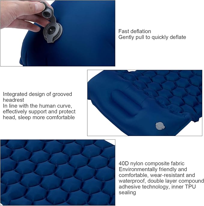 Inflatable Camping Sleeping Pad Mat, Ultra Lightweight Air Cushion Mattress for Tent Hiking Travel, 2 Way Valve Design with 40D Nylon Fabric and TPU Laminate, Compact Foldable (Navy Blue)