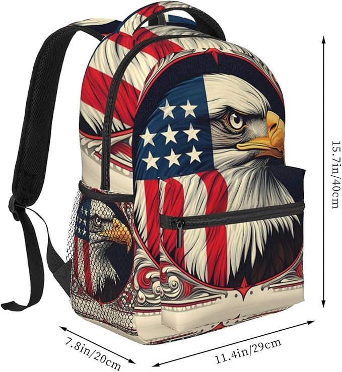 Men Women Polyester American Flag Eagle Art Daypack Backpack Large Capacity Carry On Bag With Smooth Zippers for Hiking Picnic Walking Cycling