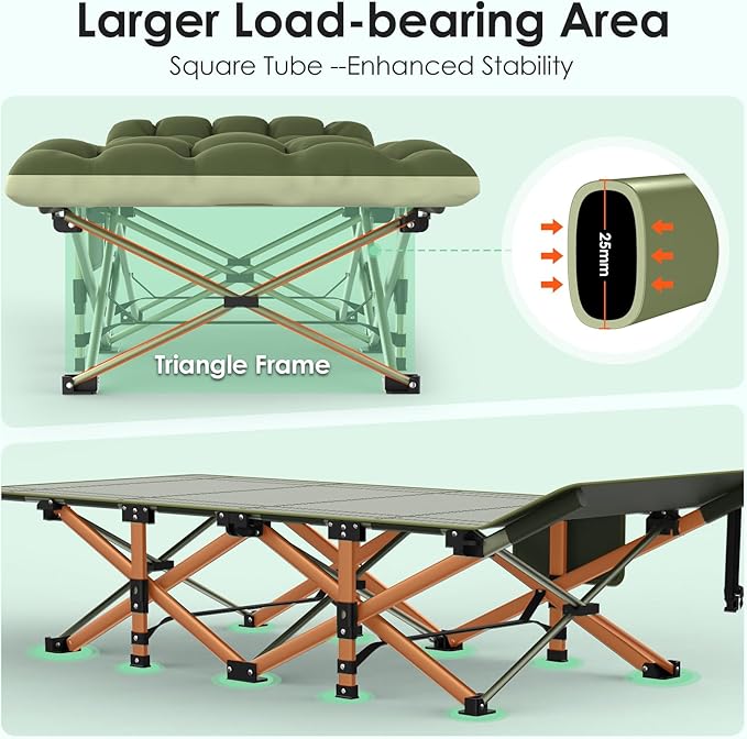 Suteck Camping Cot, Folding Camping Cot Bed for Adults Sleeping 1200D Double Layer Oxford Portable Folding Outdoor Cots for Camping W/Soft Pad Carry Bag for Home Office Nap Beach Travel, 500LBS
