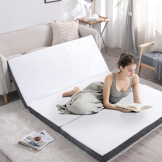 Folding Foam Mattress 4 Inches Foldable Floor Mattresses with Collapsible and Washable Cover, Portbale Travel Mat Tri-fold Guest Mattress Camping Sofa Bed