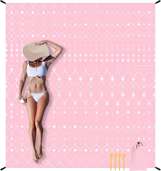 Beach Blanket Waterproof Sandproof, Moroccan Blythe Pink Picnic Blankets, 86''×78'' Large Beach Mat Sand Free for 2-4 Adult, Compact Quick Drying Outdoor Blanket Beach Essentials Must Have