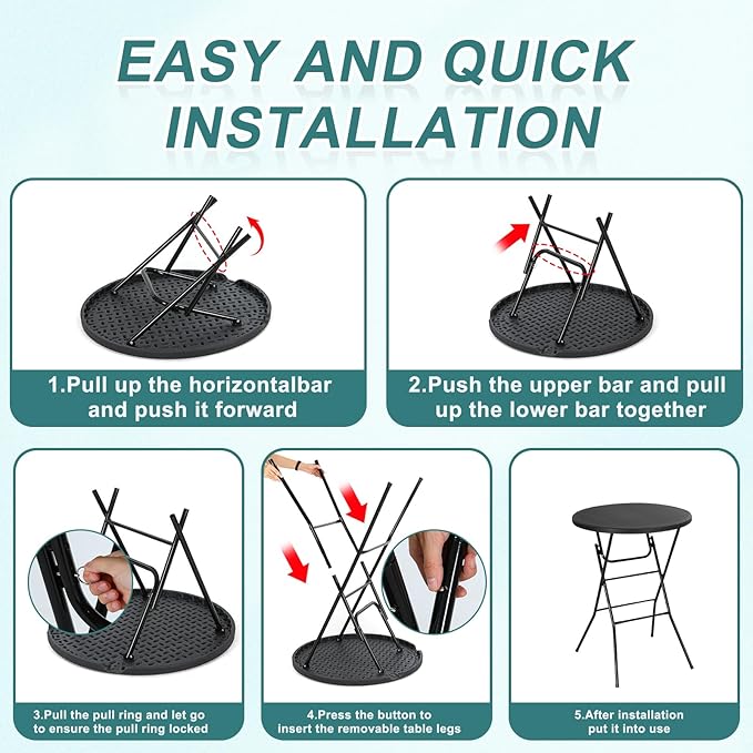 Nice C Plastic High Top Round Table, Portable Cocktail Bar Table with Detachable Legs, 31.5" Folding Tables, Waterproof Outdoor/Indoor Tables for Parties, Weddings, Camping, Backyard (Black, 1 Pack)